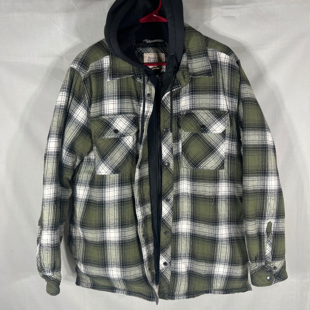 Boston Traders Flannel Shirt Jacket Quilted Hooded Green Mens Medium